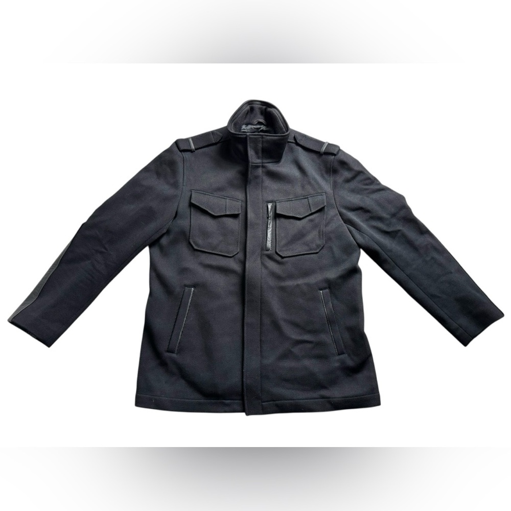 Cole Haan Wool Blend Military Field Jacket Leather Trim Utility Moto Mens Large